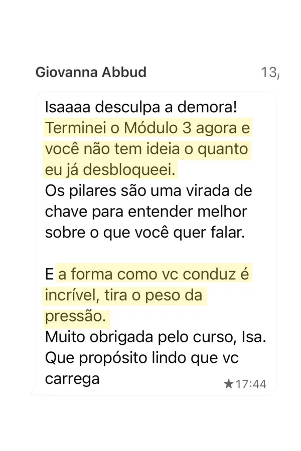 Print de feedback de aluna