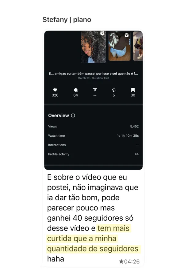 Print de feedback de aluna