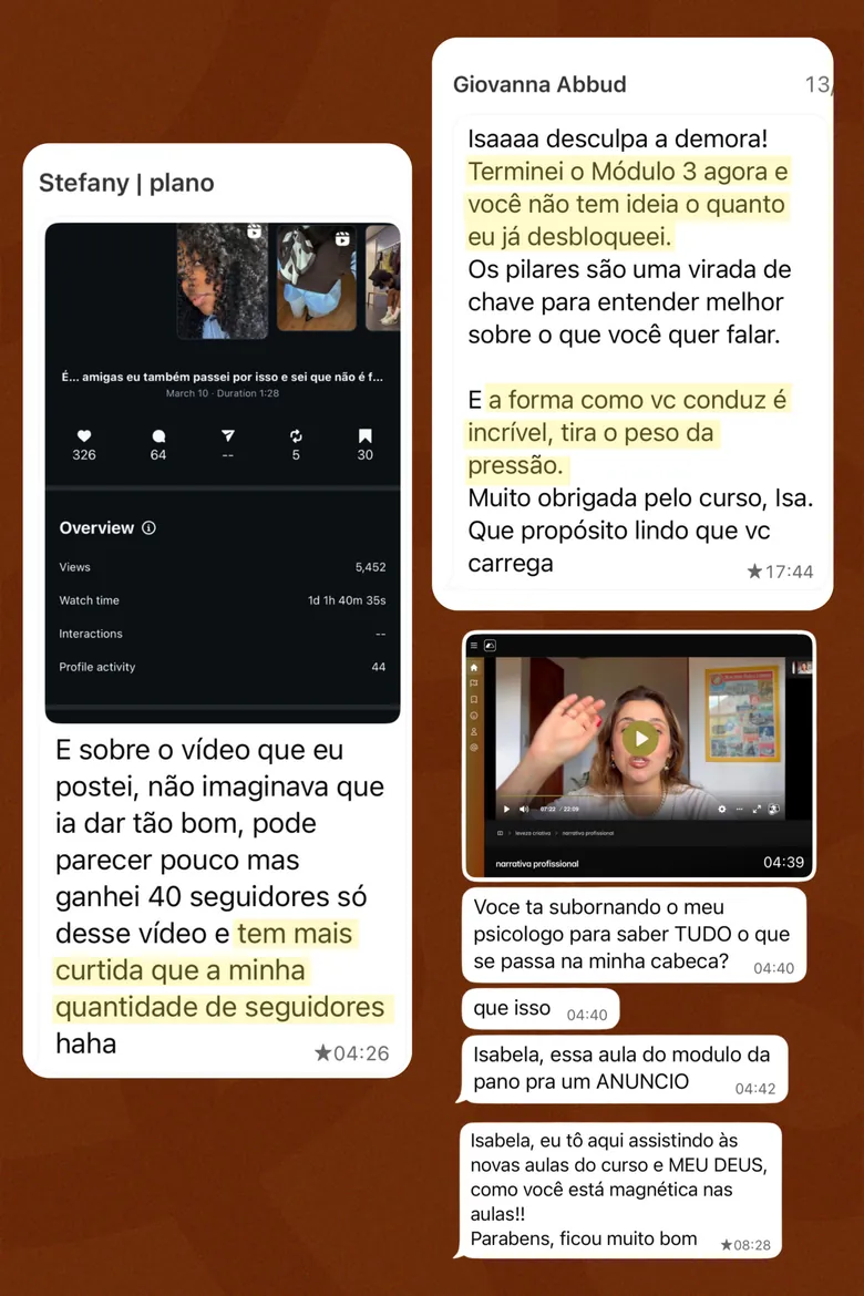 Prints de mensagens de alunas com feedbacks