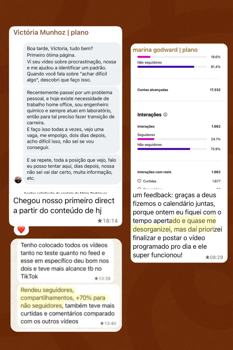 Prints de mensagens de alunas com feedbacks