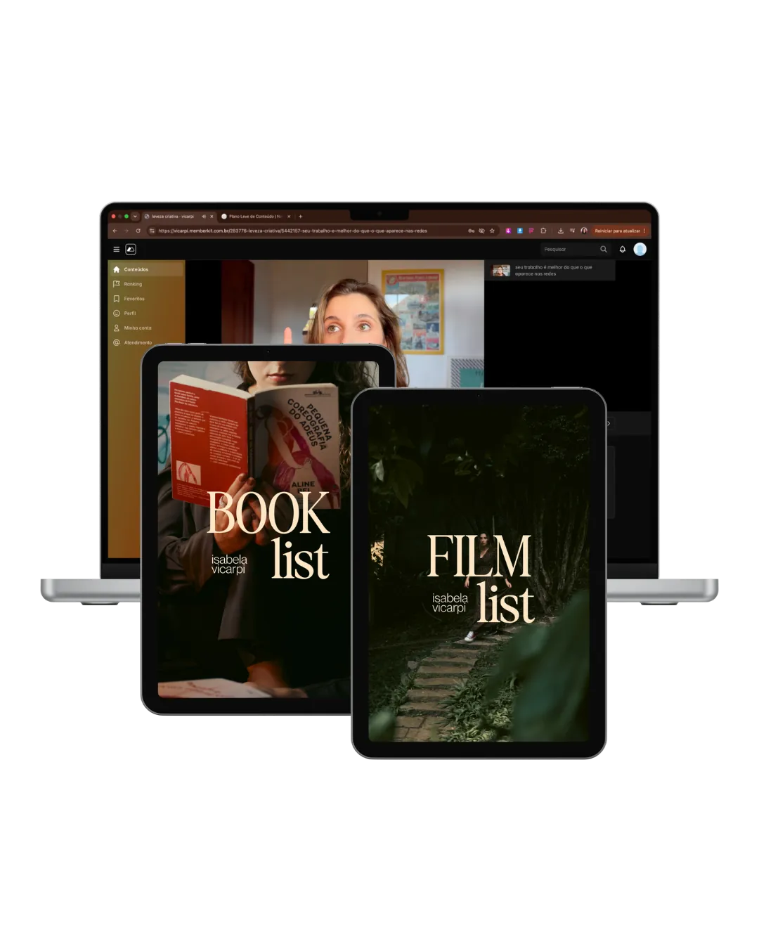 Notebook e tablets exibindo a booklist e a filmlist