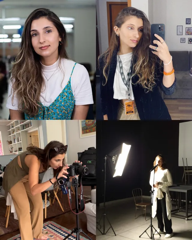 Colagem de fotos da Isabela em ambientes de trabalho