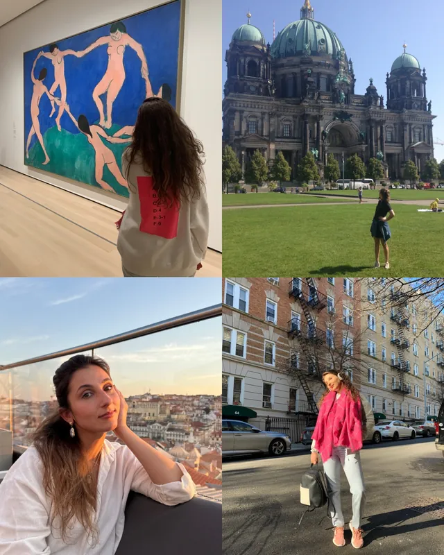 Colagem de fotos da Isabela em viagens pelo mundo